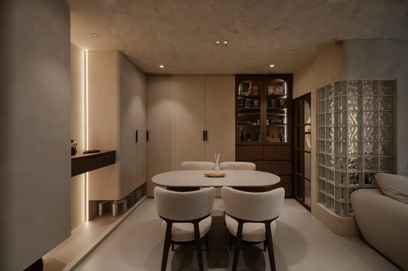 Dining area with glass block wall and full-height storage, 307B Tengah Drive