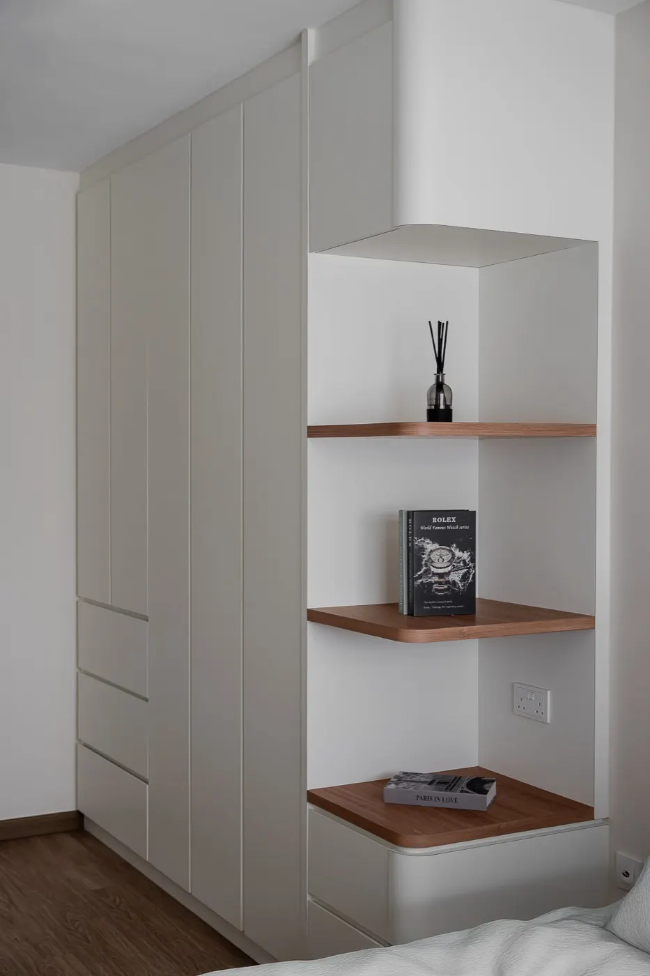 Wardrobe with open walnut display shelves, Tengah Drive